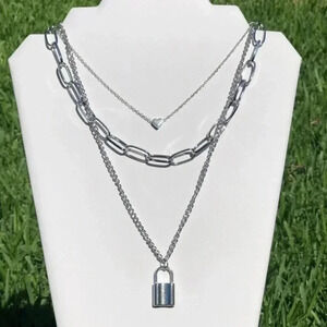Lock Heart Big Link Chain Triple Layer Silver Necklace NWT